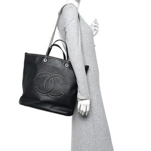 CHANEL COCO EYELET LARGE SHOPPING TOTE Black Calfskin Chain CC Bag Rare